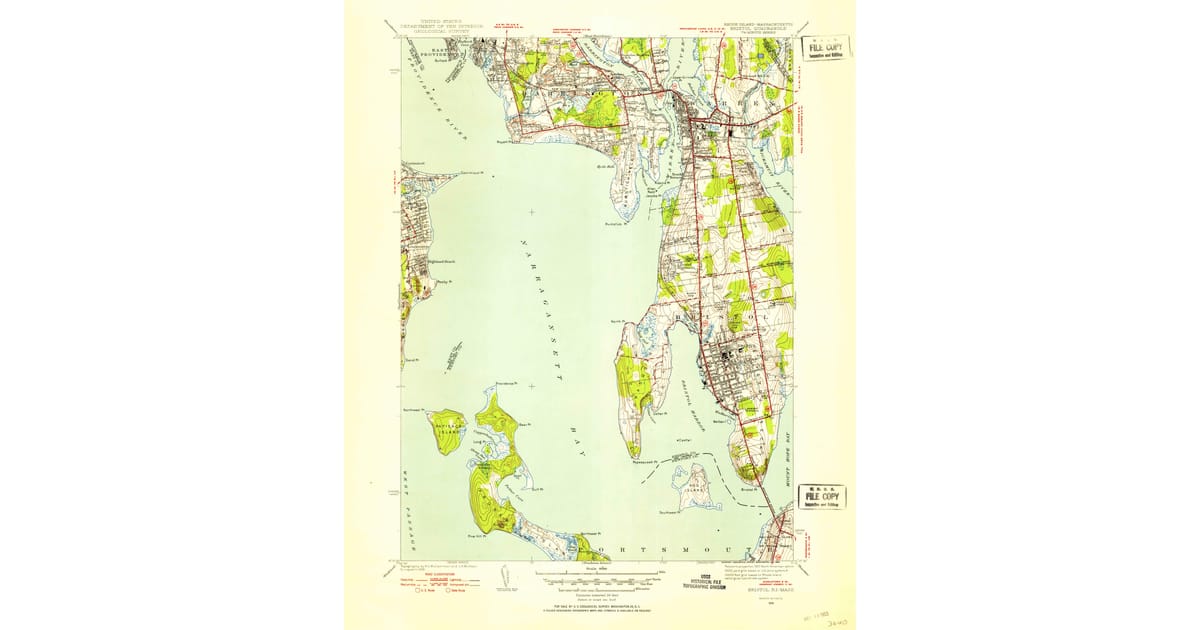 1939 Map of Bristol, Bristol County, RI — High-Res, 1953 Print #2 ...