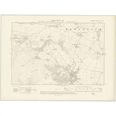 1905 Map of Cornwall XXII.NW, 1907 Print