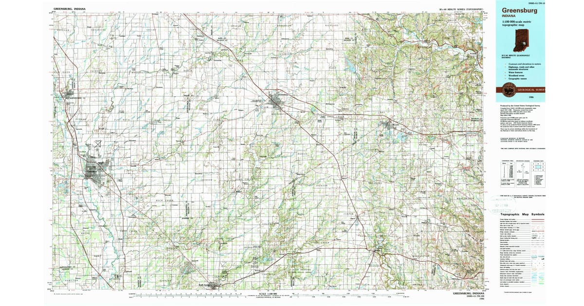 1986 Map of Greensburg, Columbus, IN — High-Res, 1989 Print | Pastmaps