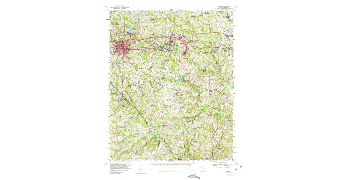1957 Map of Greer, SC — High-Res, 1974 Print | Pastmaps