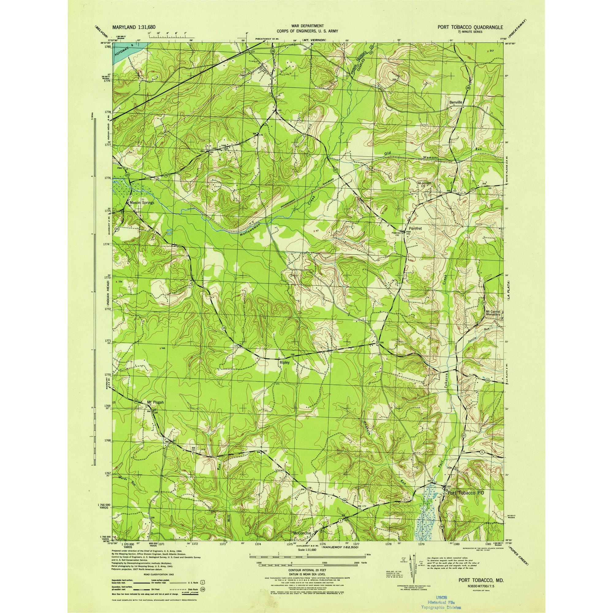 port tobacco md county 1944 Map of Port Tobacco, Charles County, MD — High-Res