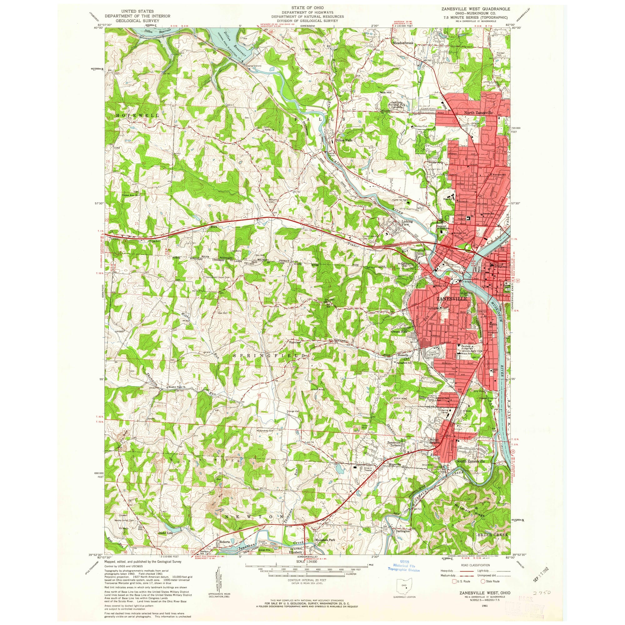 1961 Map of Zanesville West, Muskingum County, OH — High-Res | Pastmaps, image size:2000x2000
